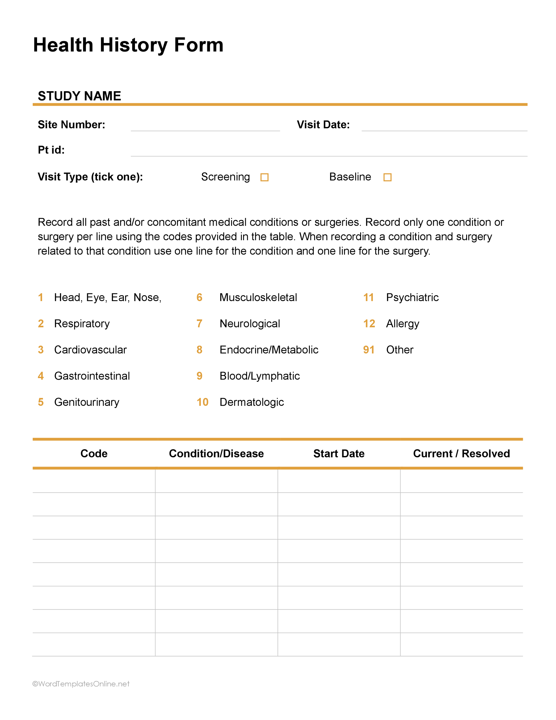 Downloadable Health History Form Template in MS Word format for patient record keeping