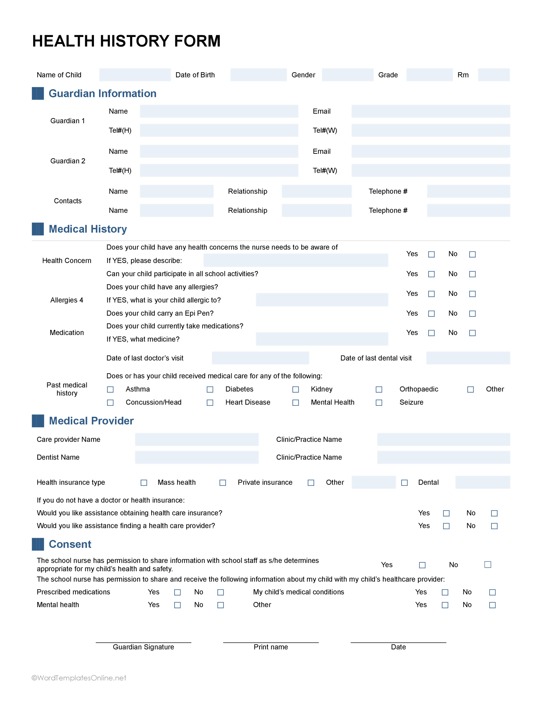 Editable health history form in ms word