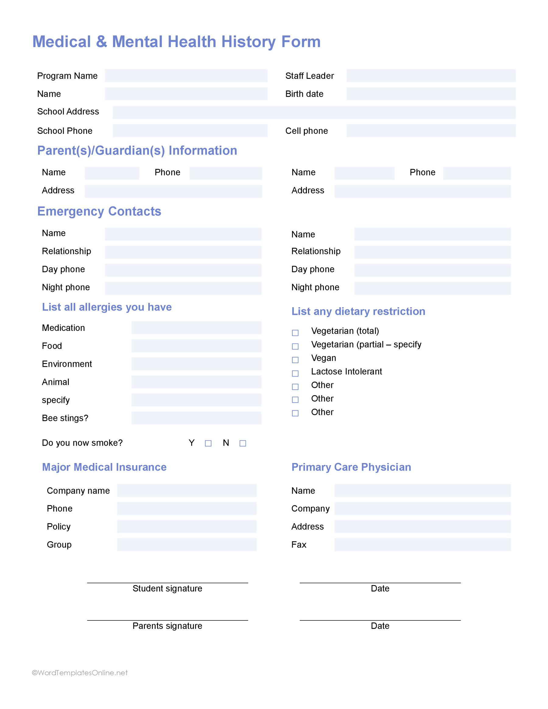 Fillable mental health history form for patients to download in ms word