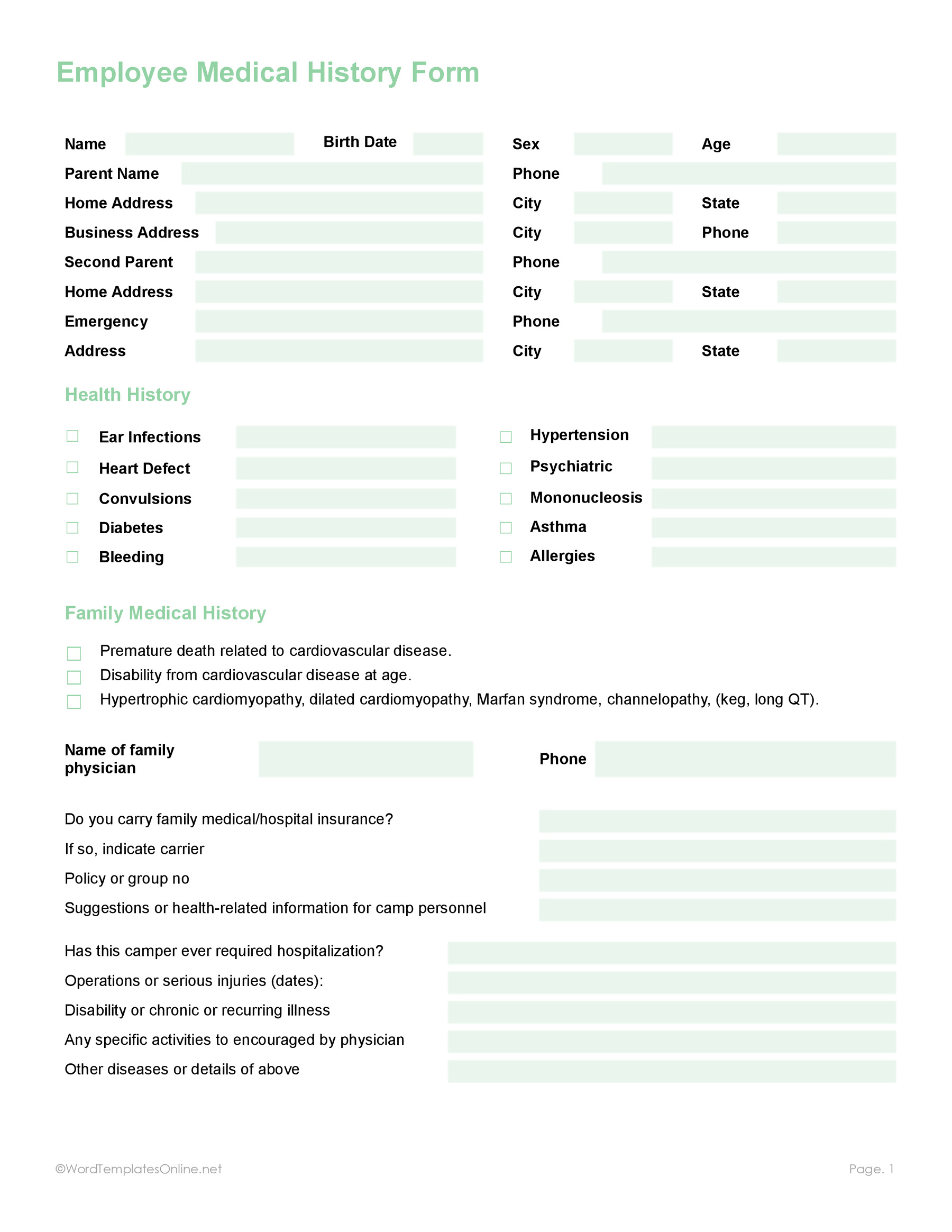 detailed Health employee History Form Template for collecting essential medical information