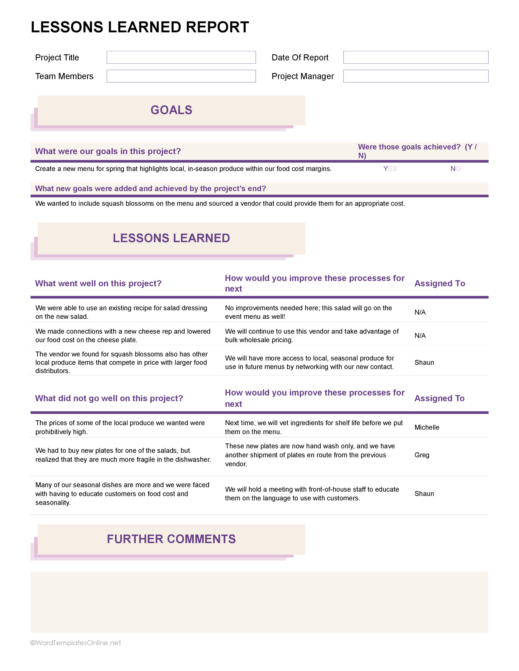 Professional Lesson Learned Template free download in ms word