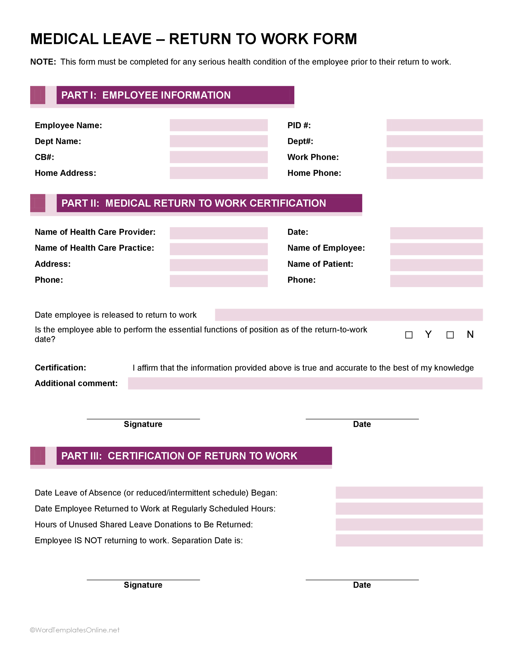 Free Return to Work form template available for Word and Google Docs