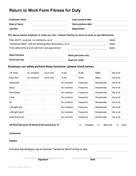 Free Return to Work Release Forms [Word - Google Docs]