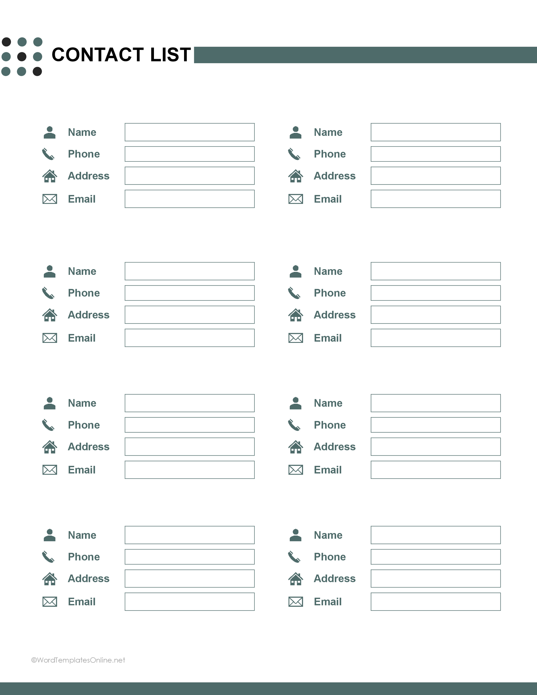 Editable MS Word Contact List Template with fields for names, numbers, address and emails
