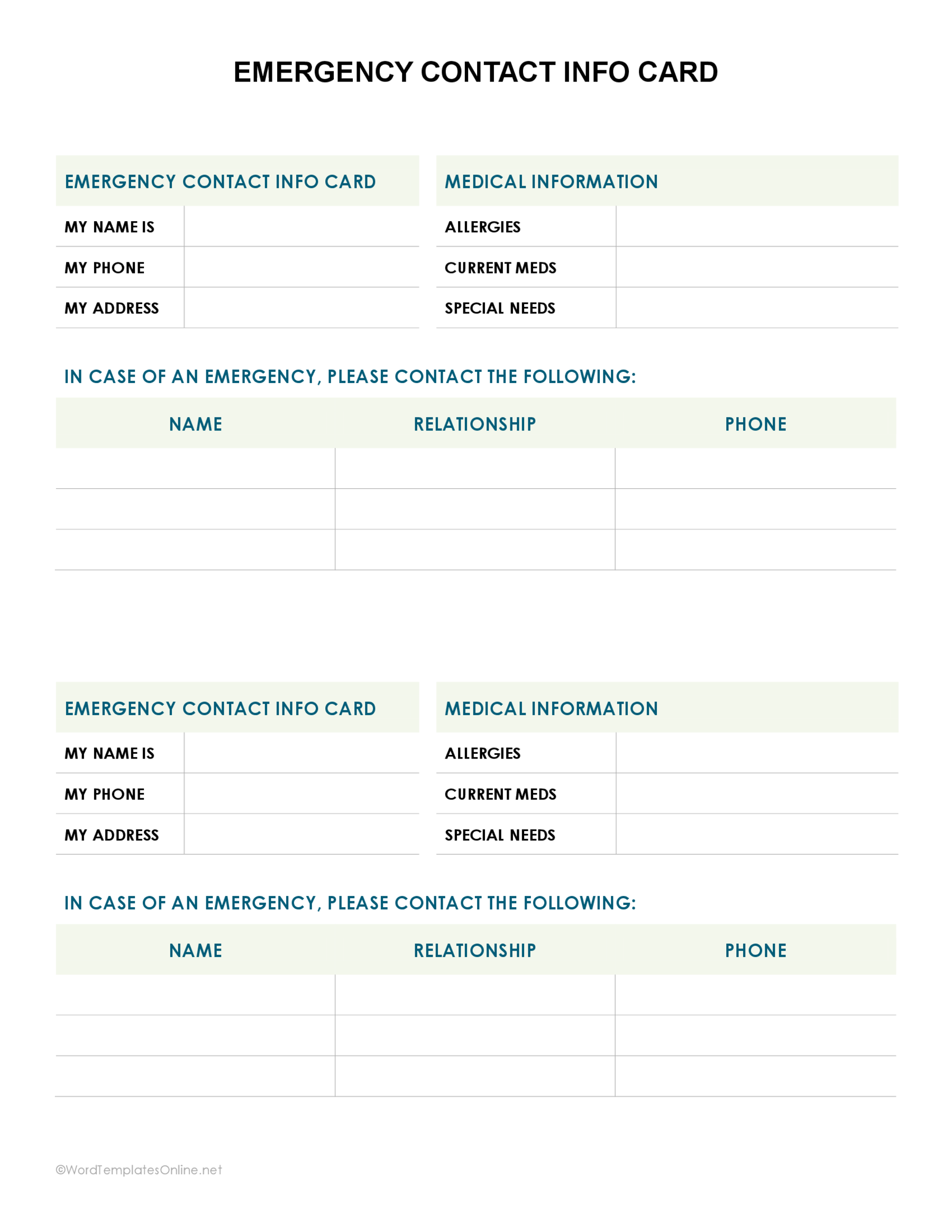 Editable Emergency Contact List Template free download in ms word