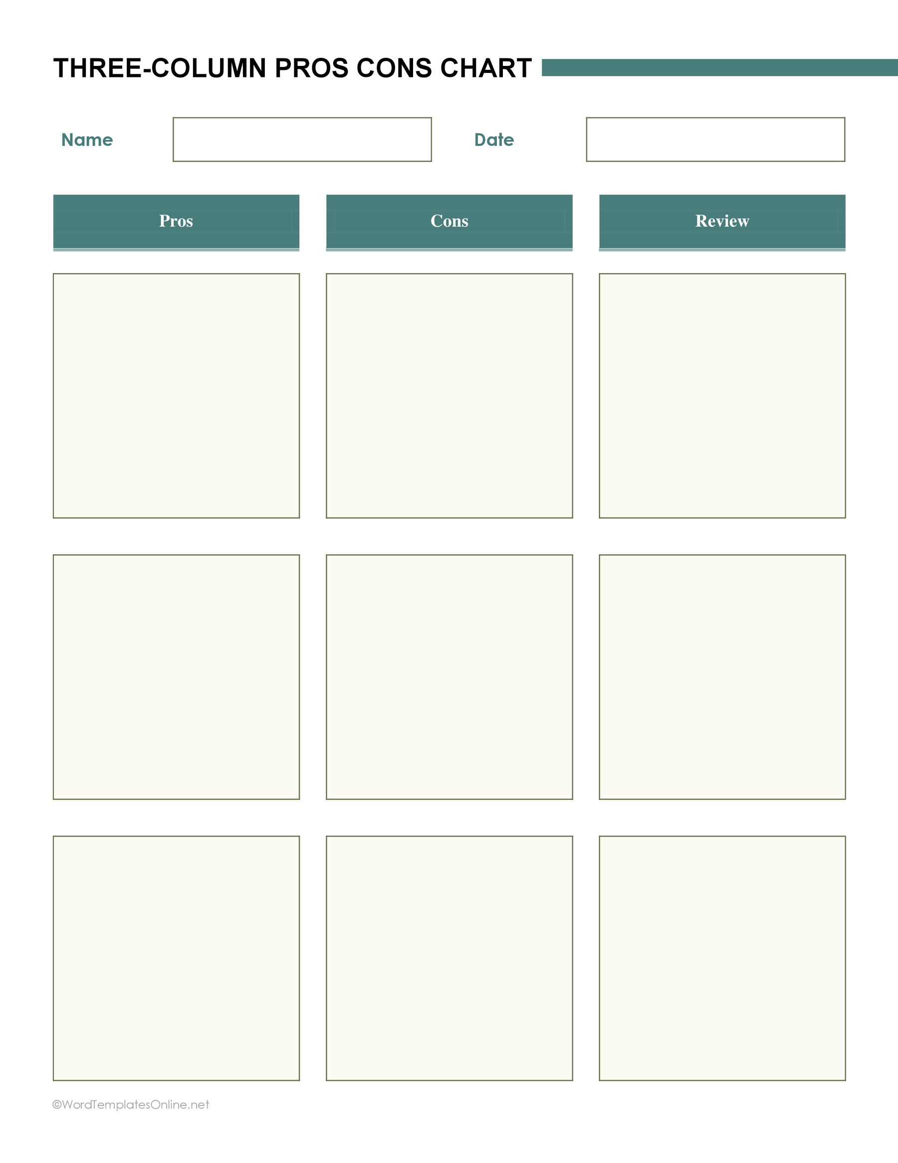 Downloadable three-column Pros and Cons Template for comparing options in Word format