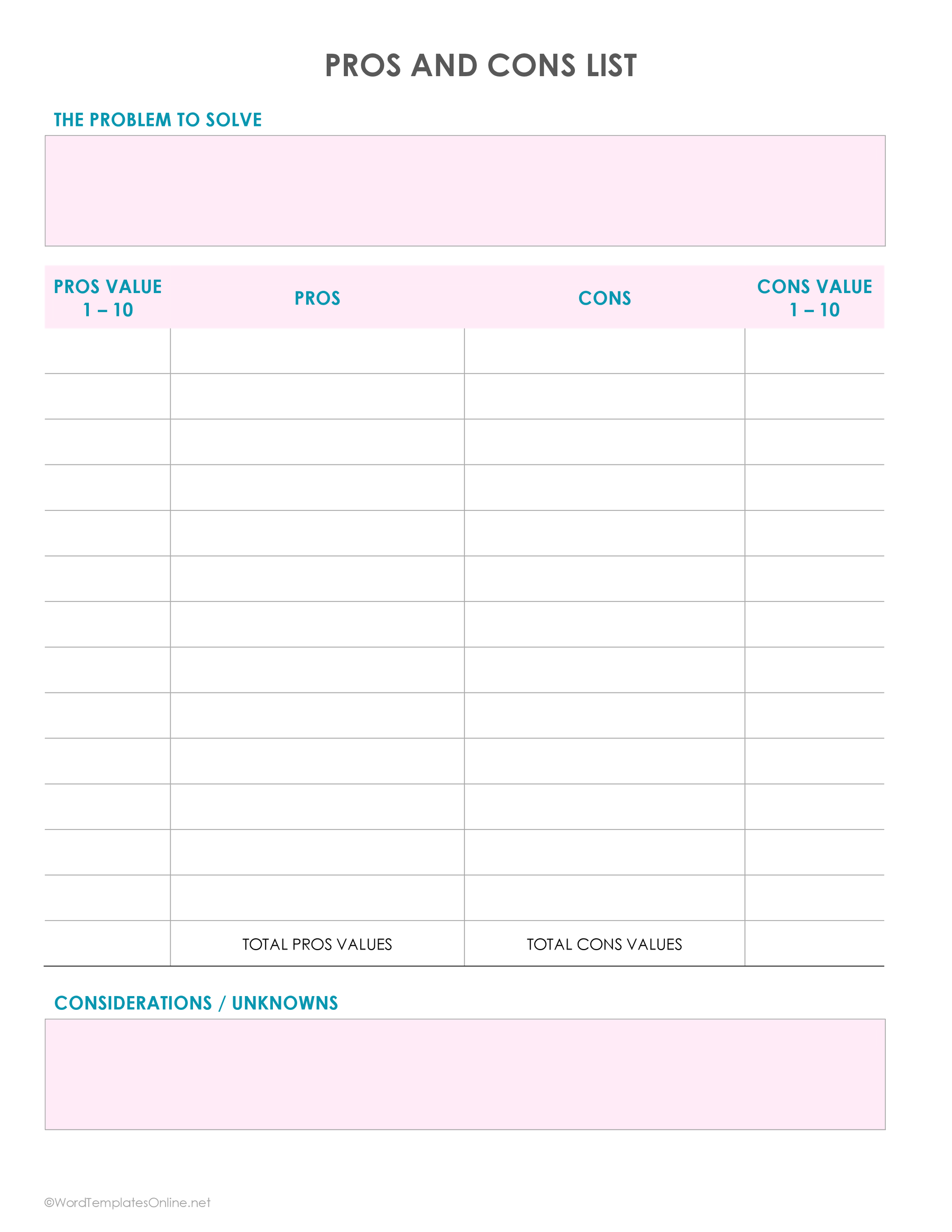 Customizable Pros and Cons Template in MS Word with structured three-column layout