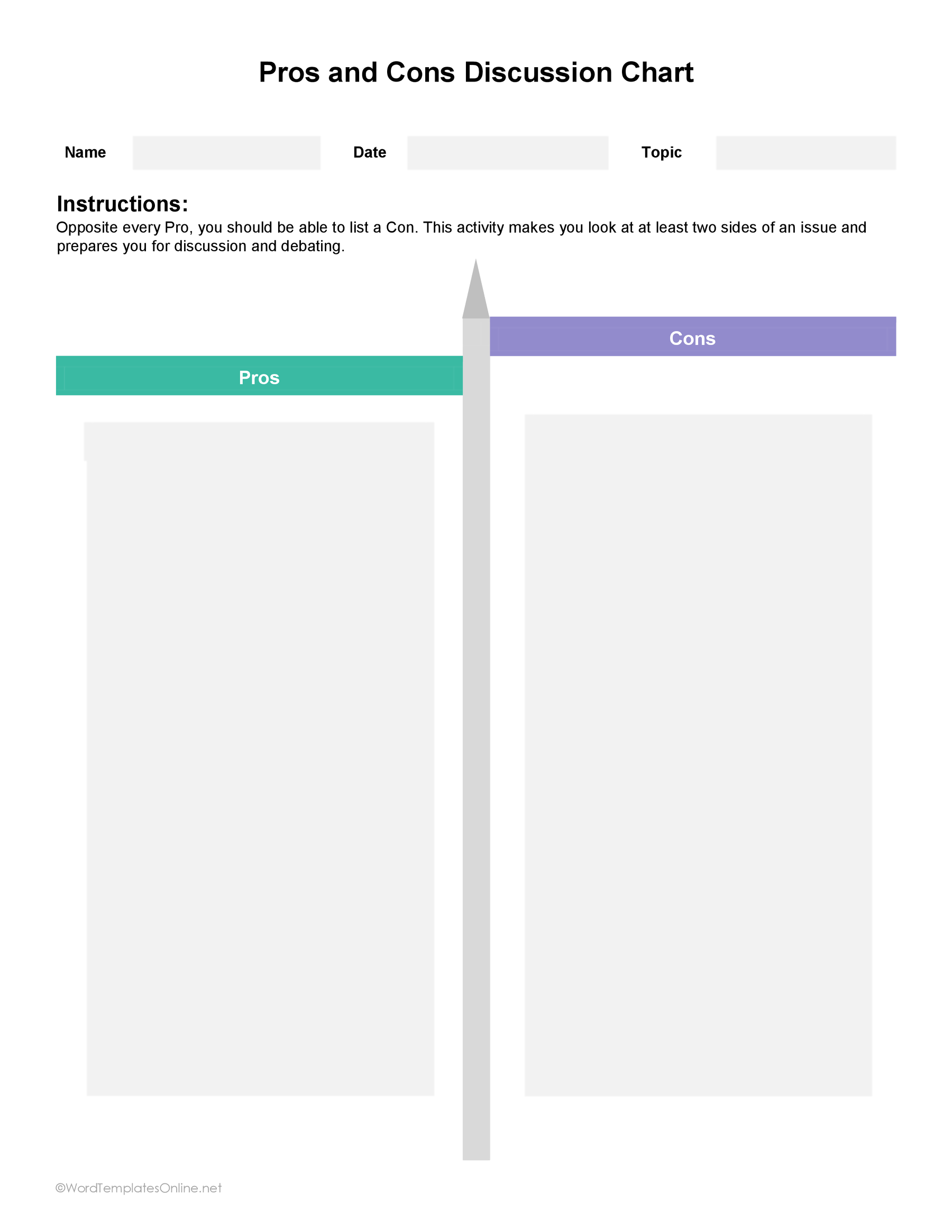 Pros and Cons discussion  chart Template in MS Word 