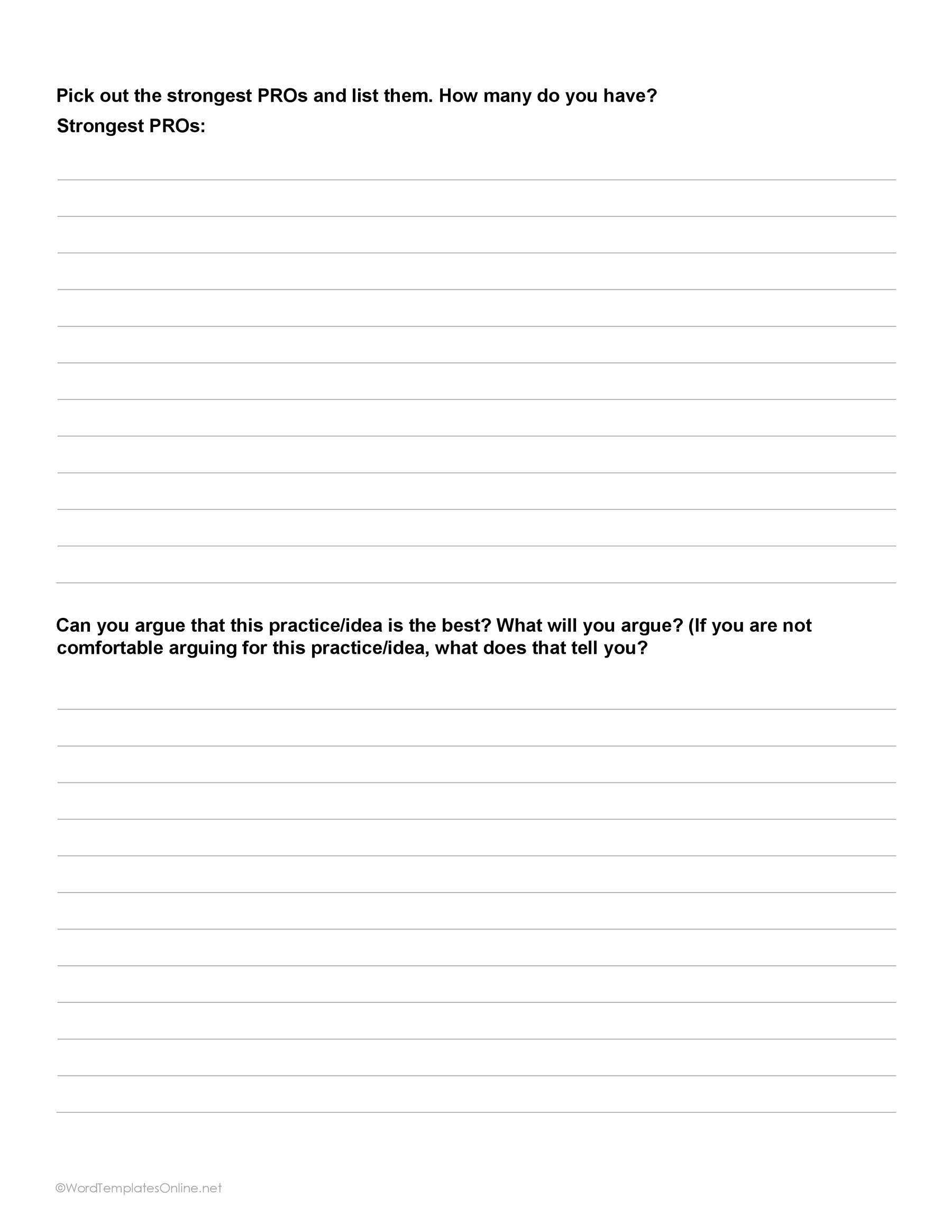 Clean and simple Word template for listing pros and cons