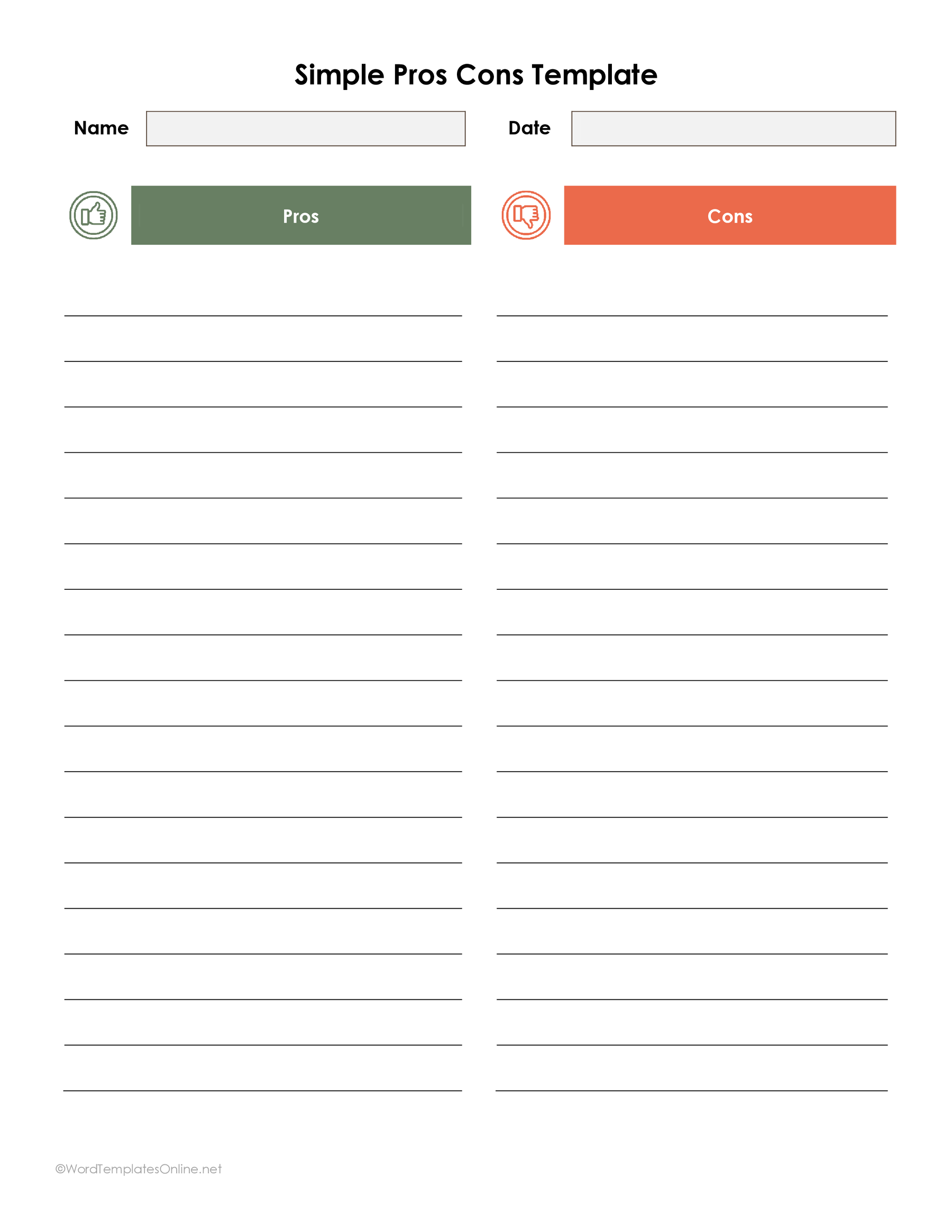 Simple  Pros and Cons List Template in MS Word format
