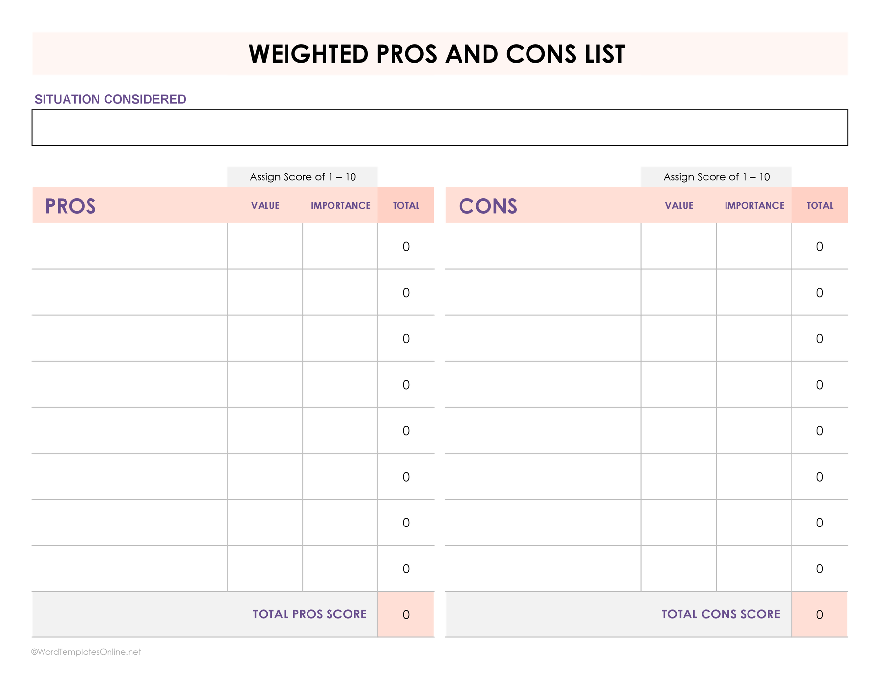 weighted pros and cons list free download in excel
