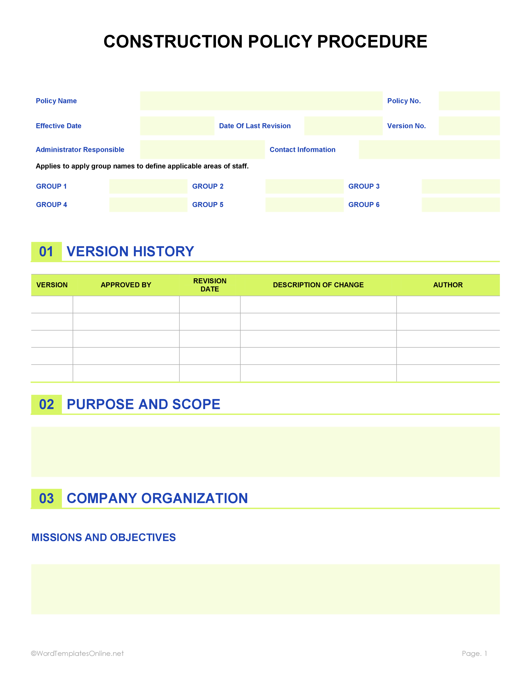 Construction Policy and Procedure Template in ms word format