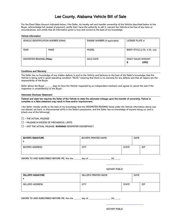 Free Alabama Vehicle Bill of Sale Form Template for Word