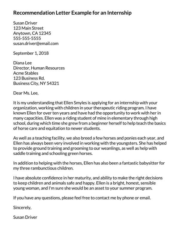 Free Internship Recommendation Letter Template for Word