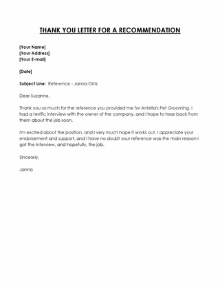 Free Recommendation Thank You Letter for Word