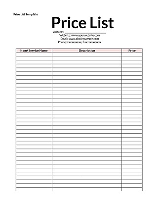 Free Price List Template for Word, Excel and PDF