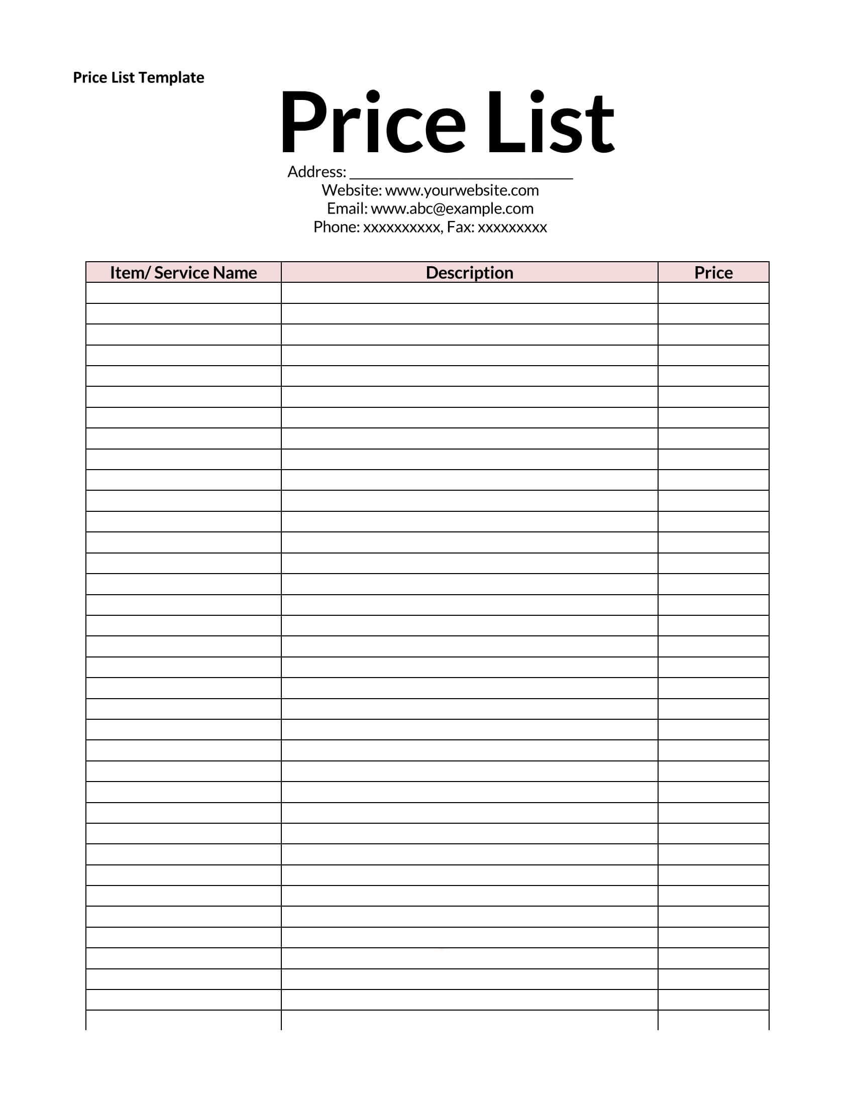 Free Price List Template for Word, Excel and PDF
