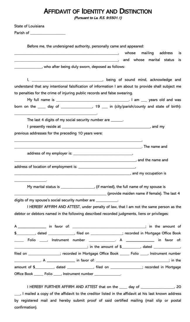 Free Affidavit of Identity Form Template for PDF and Word