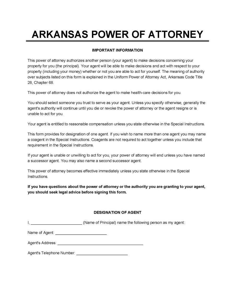 Free Arkansas Power of Attorney Form Template for Word and PDF