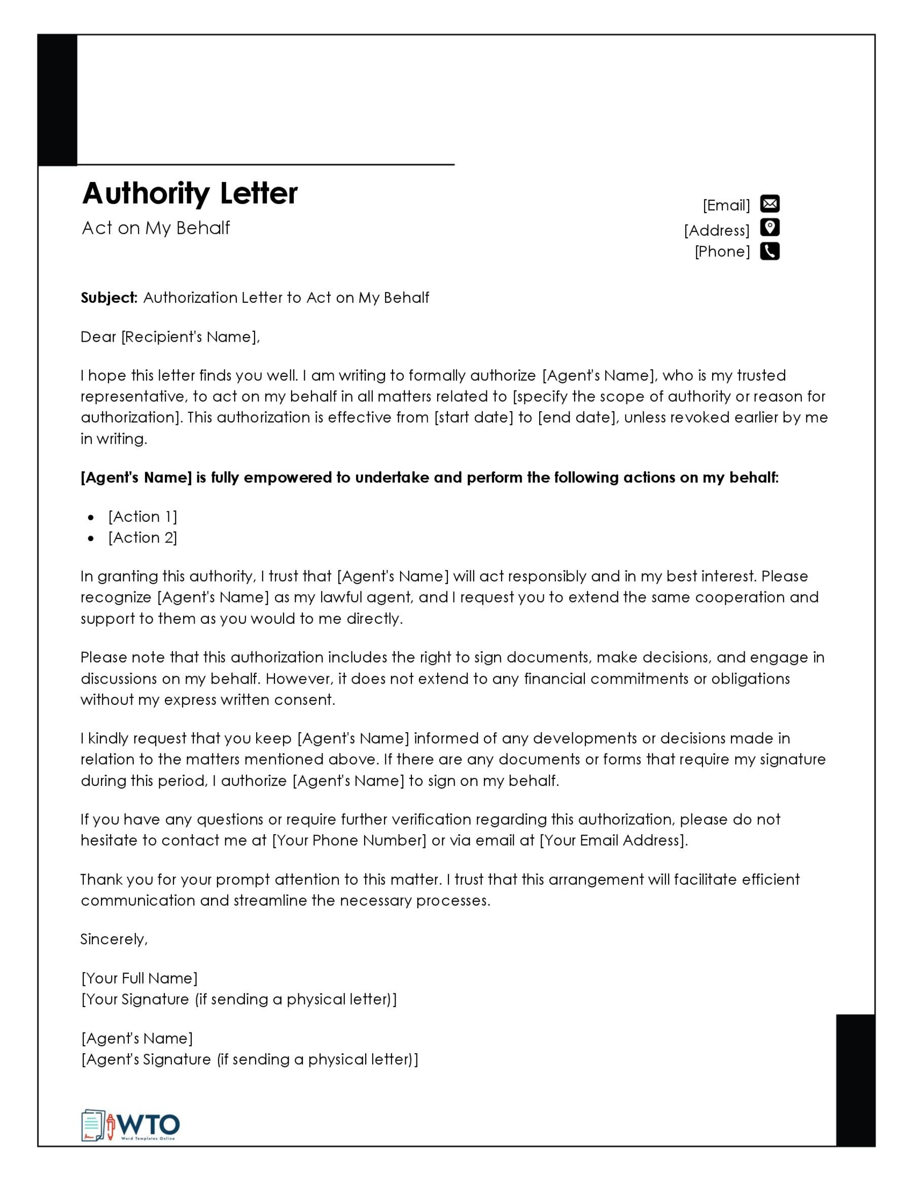 Authorization Letter to Act on Behalf of Someone Template for Word