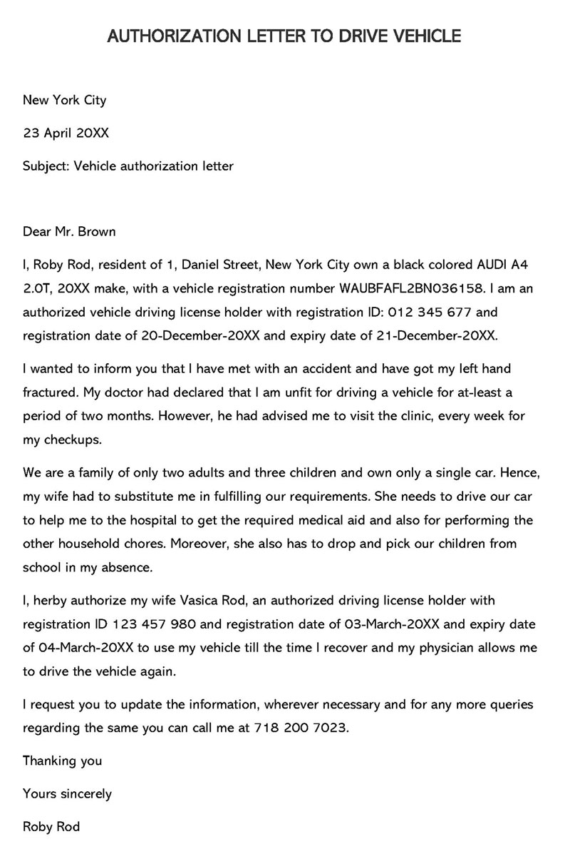 Free Authorization to Drive Vehicle Template for Word and PDF