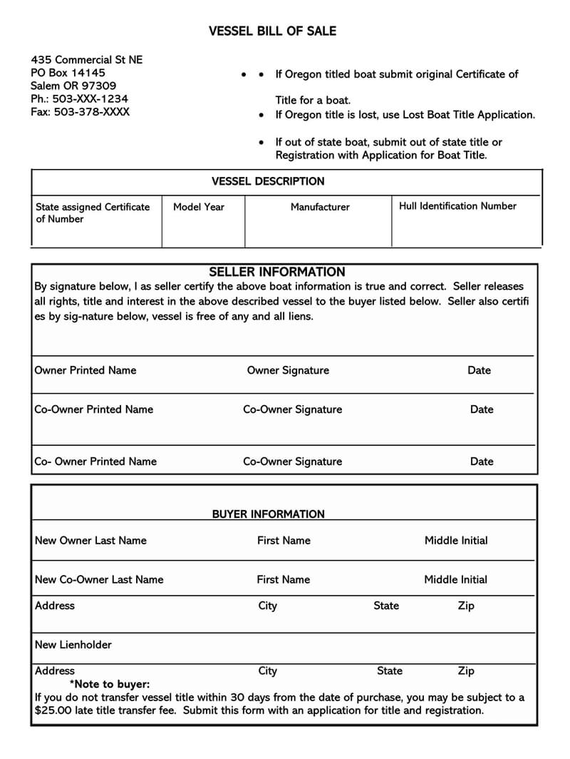 Free Boat (Vessel) Bill of Sale Form Template for PDF