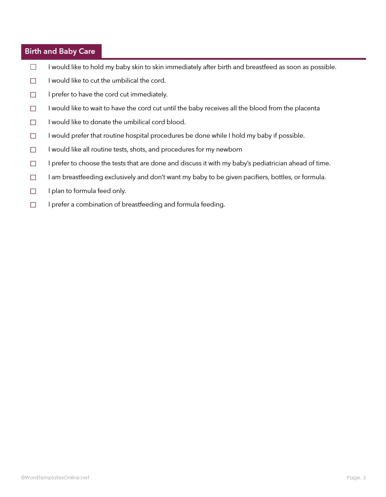 Download a free and editable MS Word Birth Plan Template