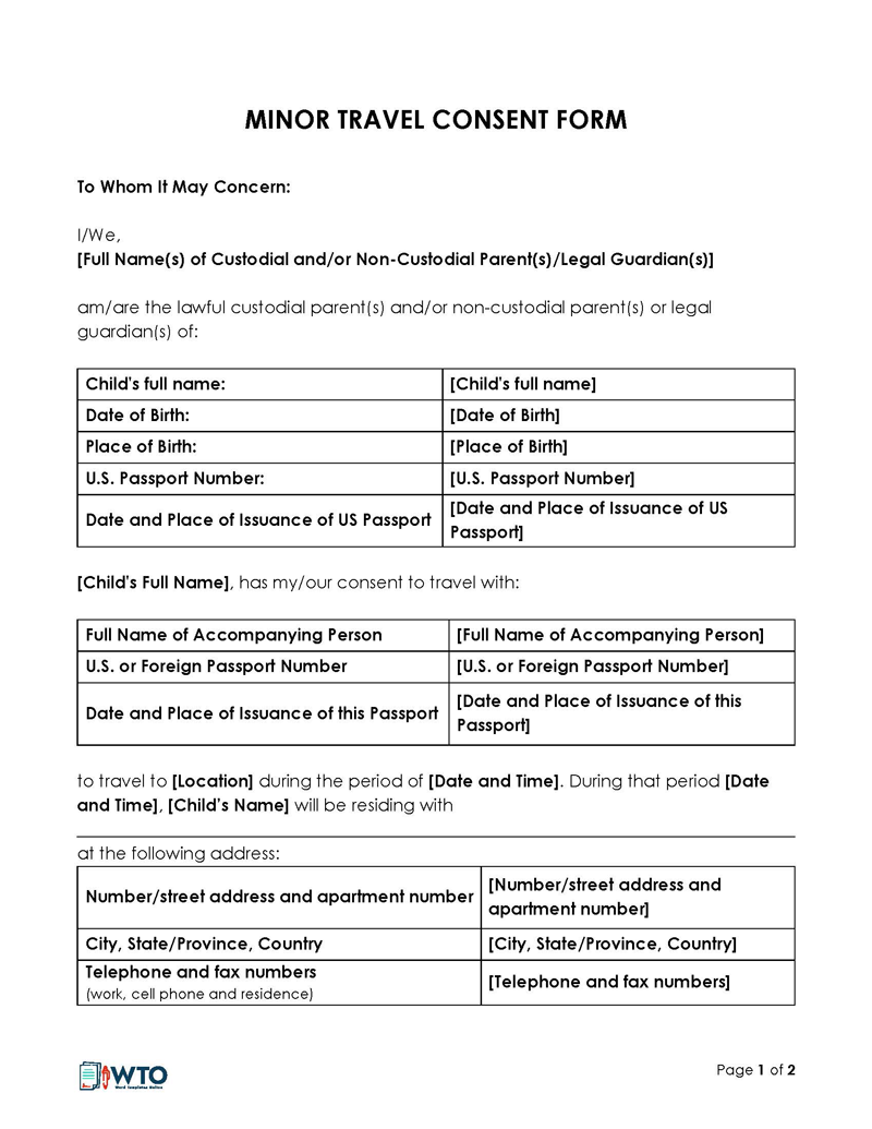 Free Child Travel Consent Form Template for Word and PDF