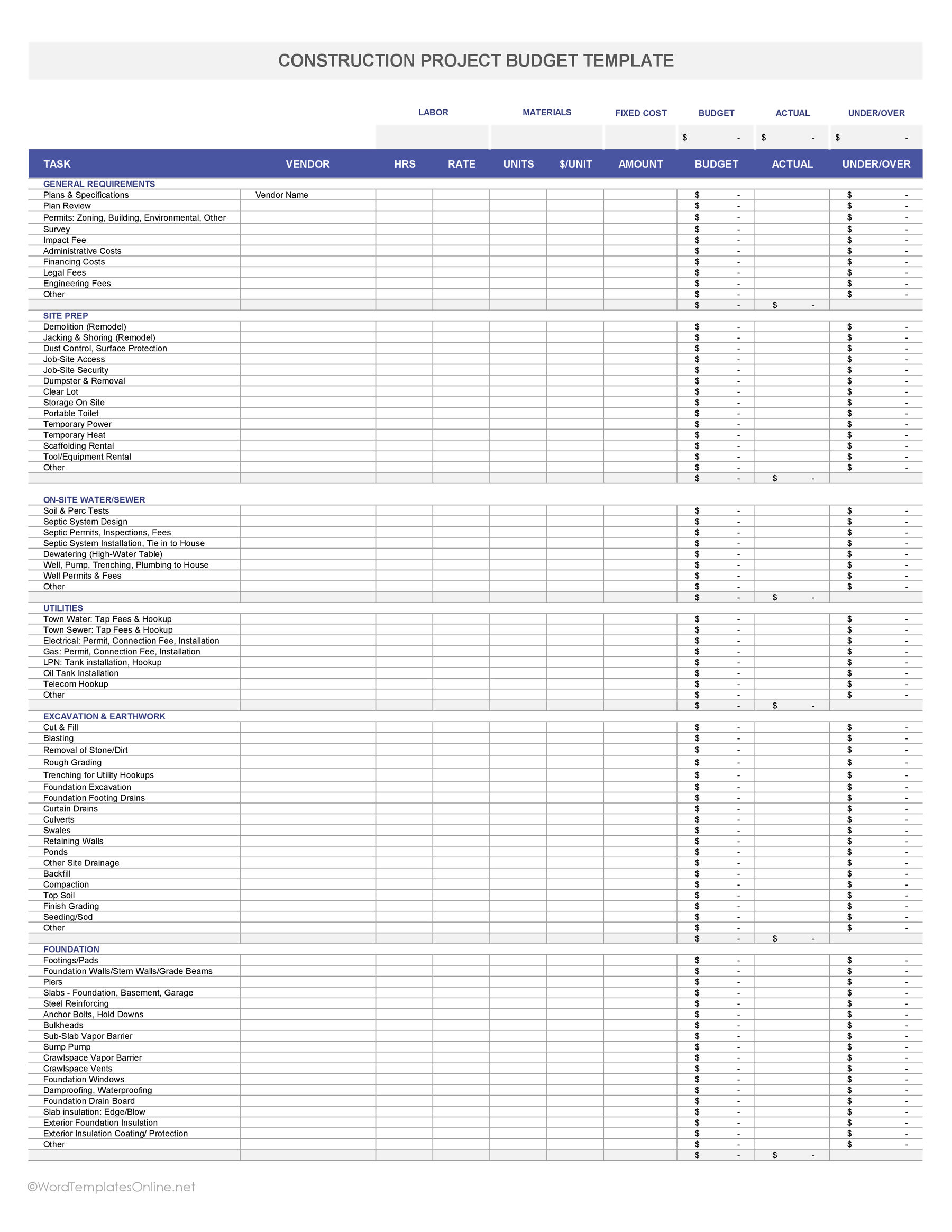 Construction project budget template excel free download