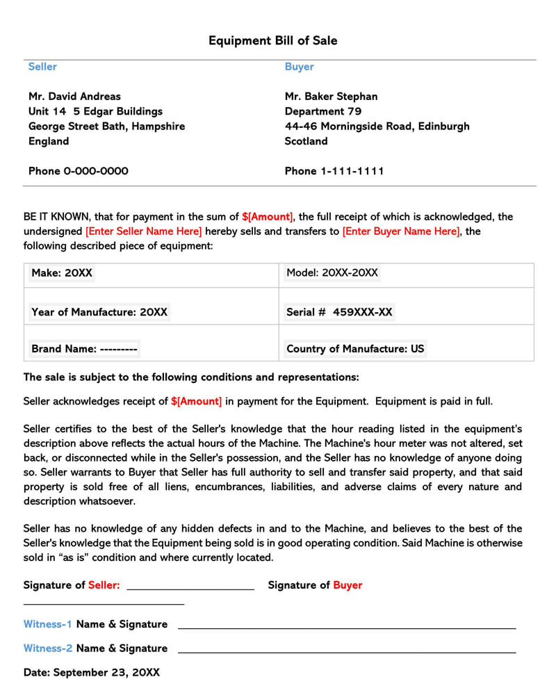 Free Equipment Bill of Sale Form Template for Word and PDF