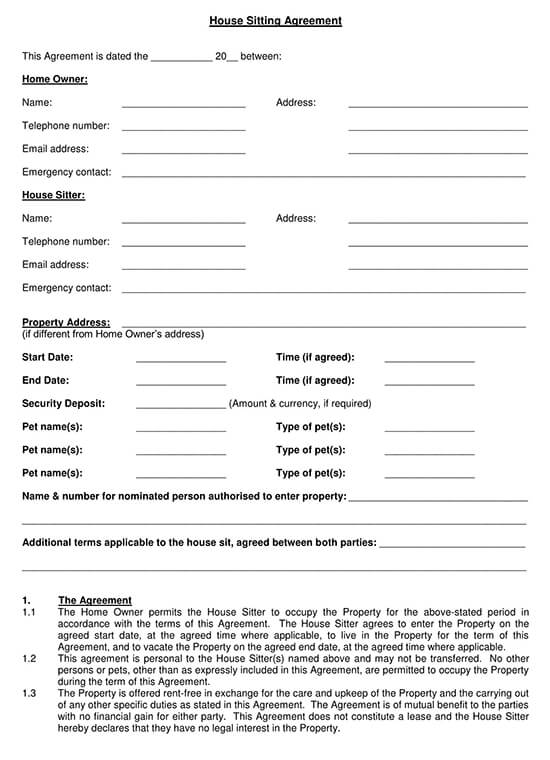 Free House Sitting Agreement Template for Word