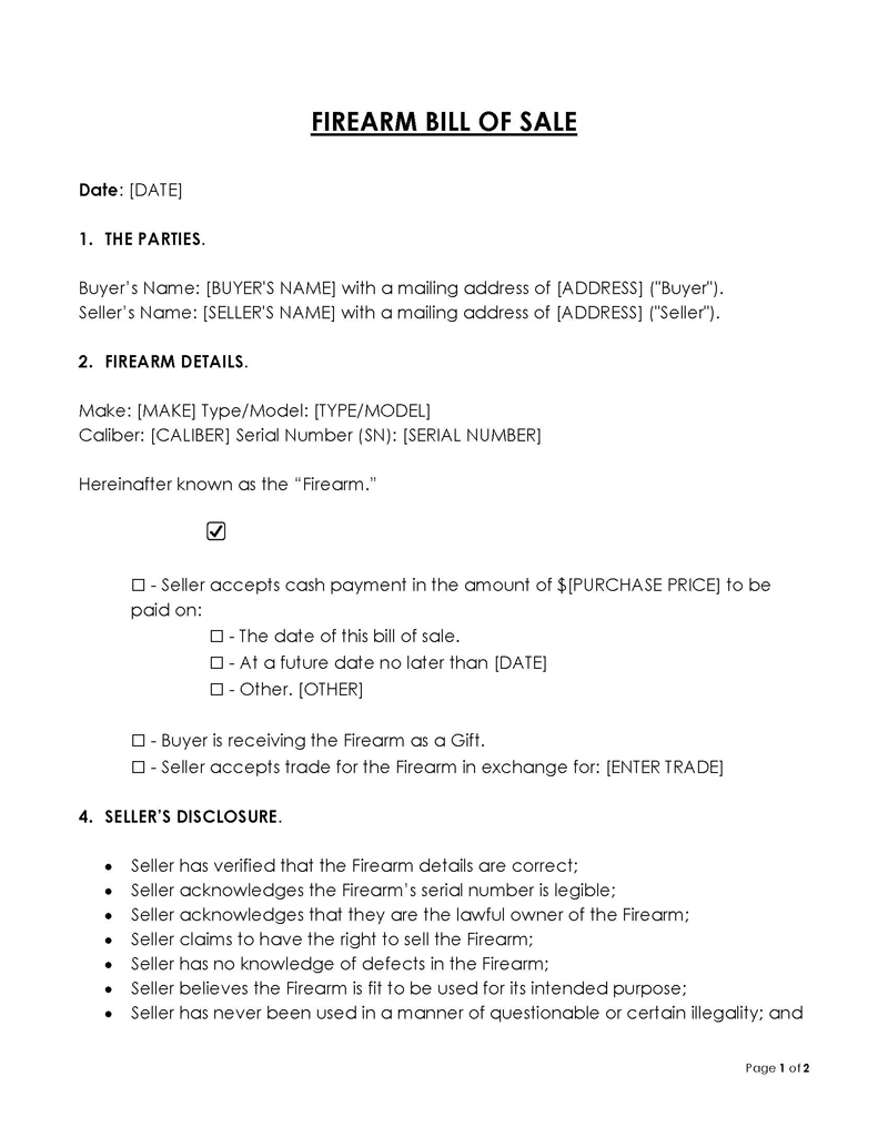 Free Firearm Bill of Sale Form Template for Word and PDF