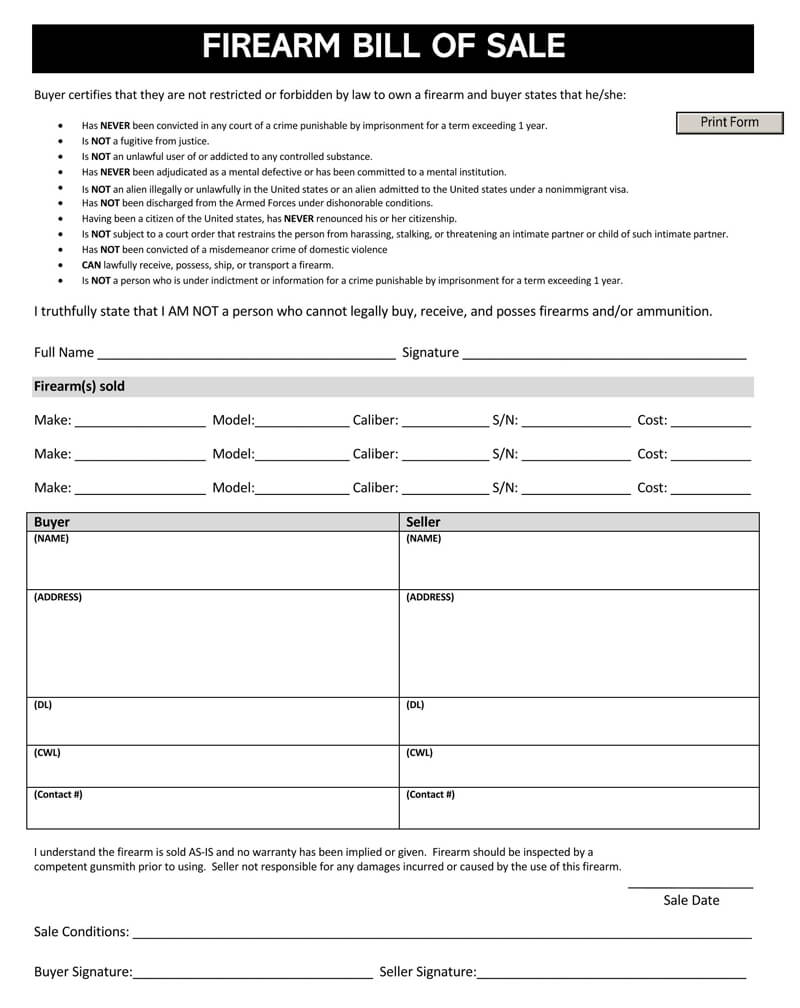 Free Firearm (Gun) Bill of Sale Form Template for Word and PDF