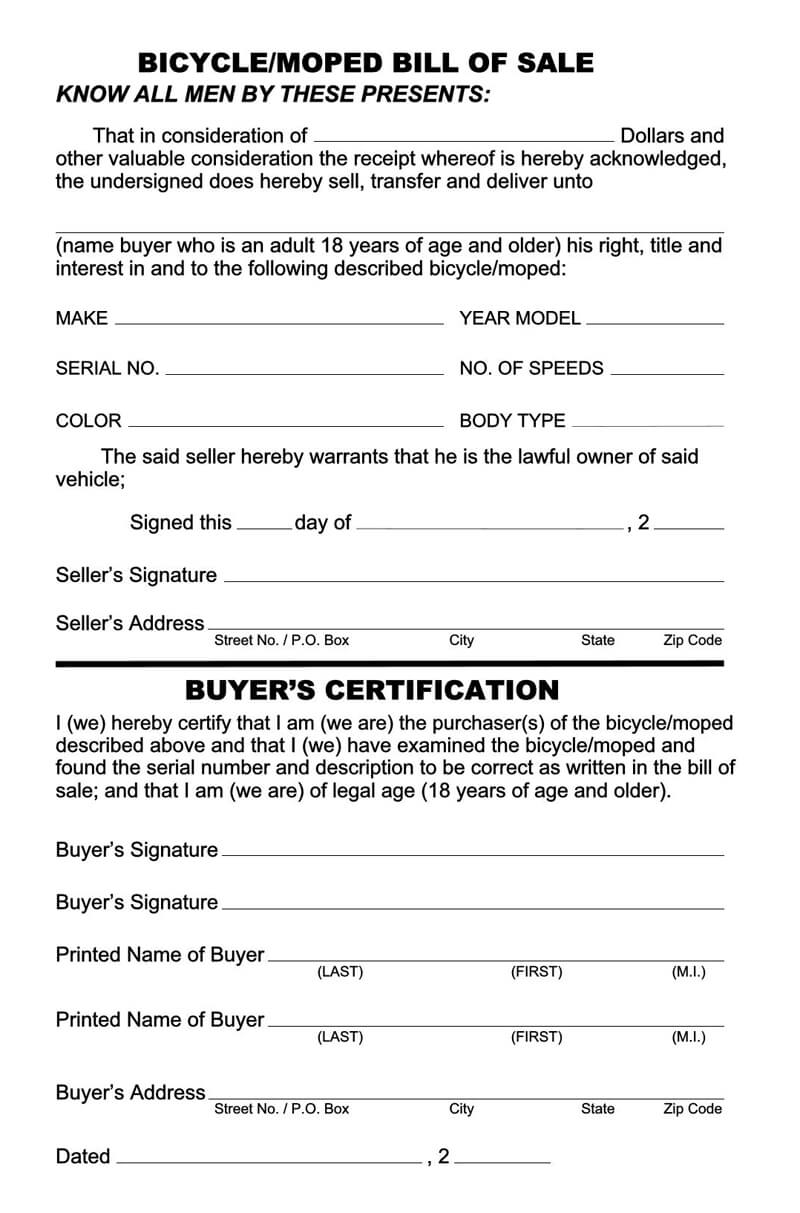 Free Bicycle Bill of Sale Form Template for Word and PDF