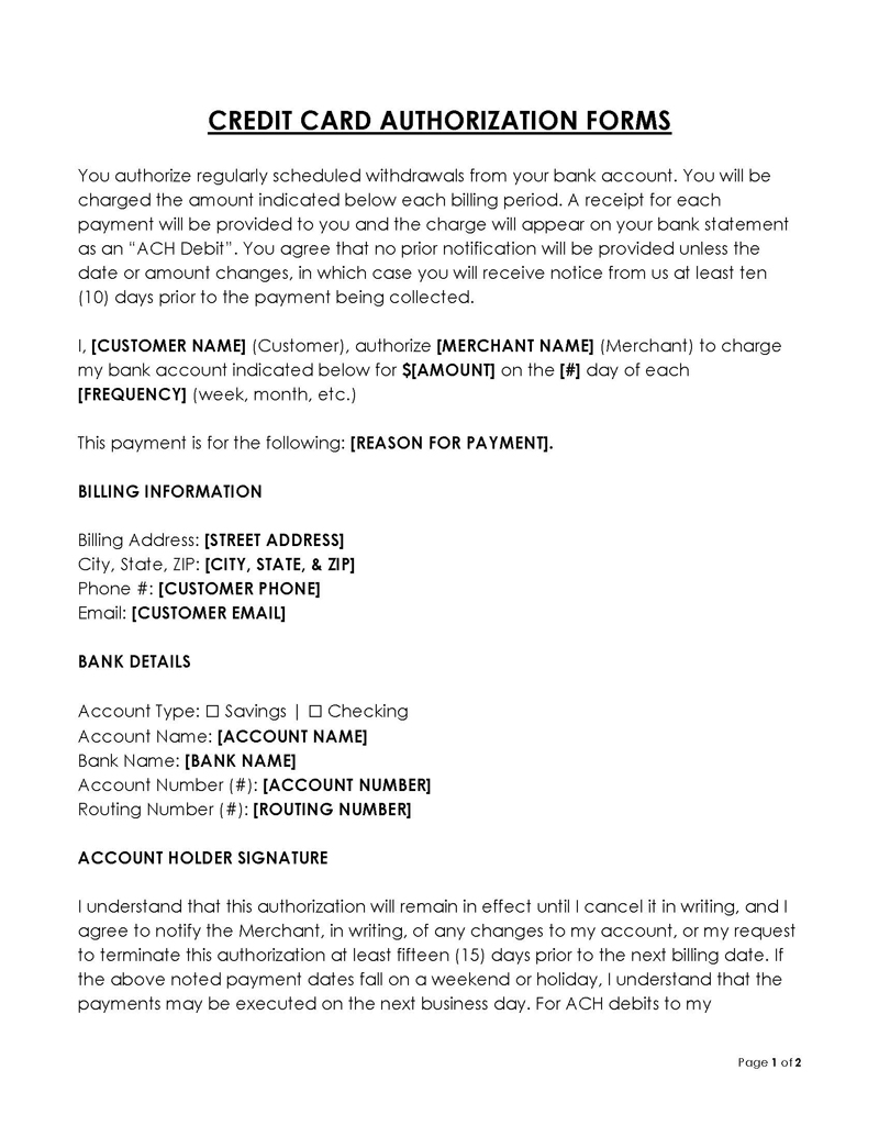 Free Credit Card Authorization Form Template for Word and PDF