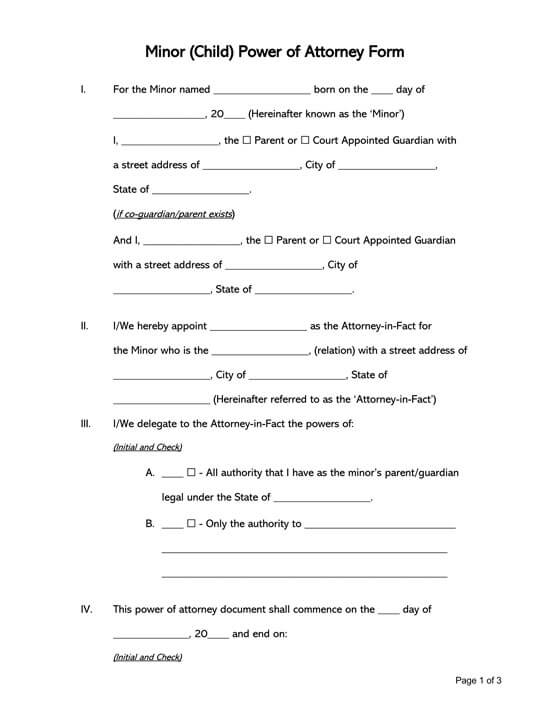 Free Child (Minor) Power of Attorney Form Template for Word