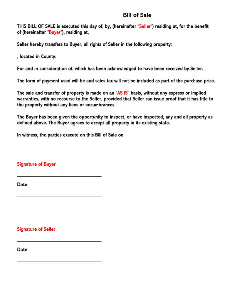 Free Furniture Bill of Sale Form Template for Word and PDF