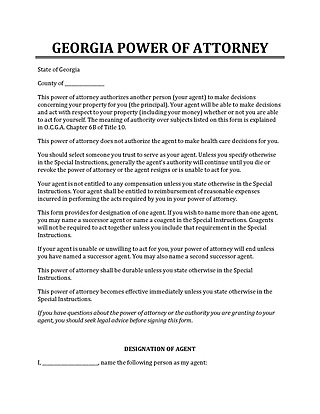 Free Georgia Power of Attorney Form Template for PDF