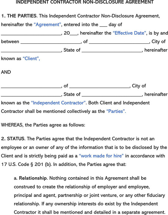 Free Independent Contractor Non-Disclosure Agreement Template for Word