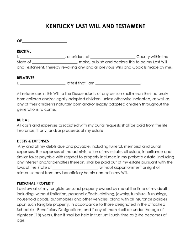 Free Kentucky Last Will And Testament Form Template for PDF