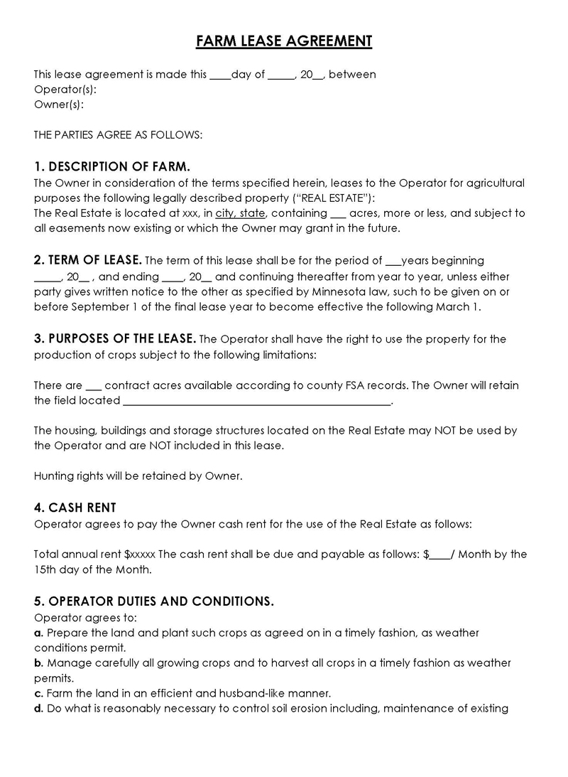 Free Land (Farm) Lease Agreement Template for Word and PDF