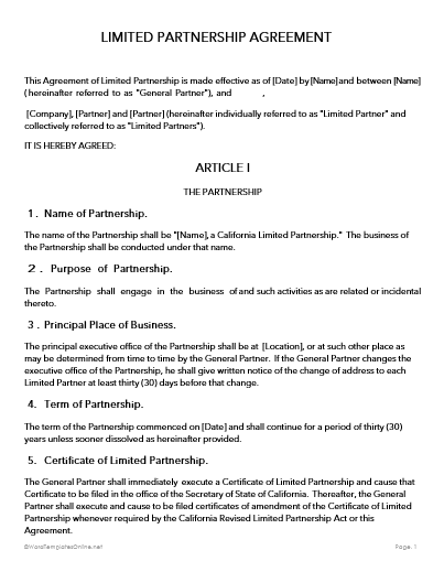 Download a professional Limited Partnership Agreement Template in MS Word format
