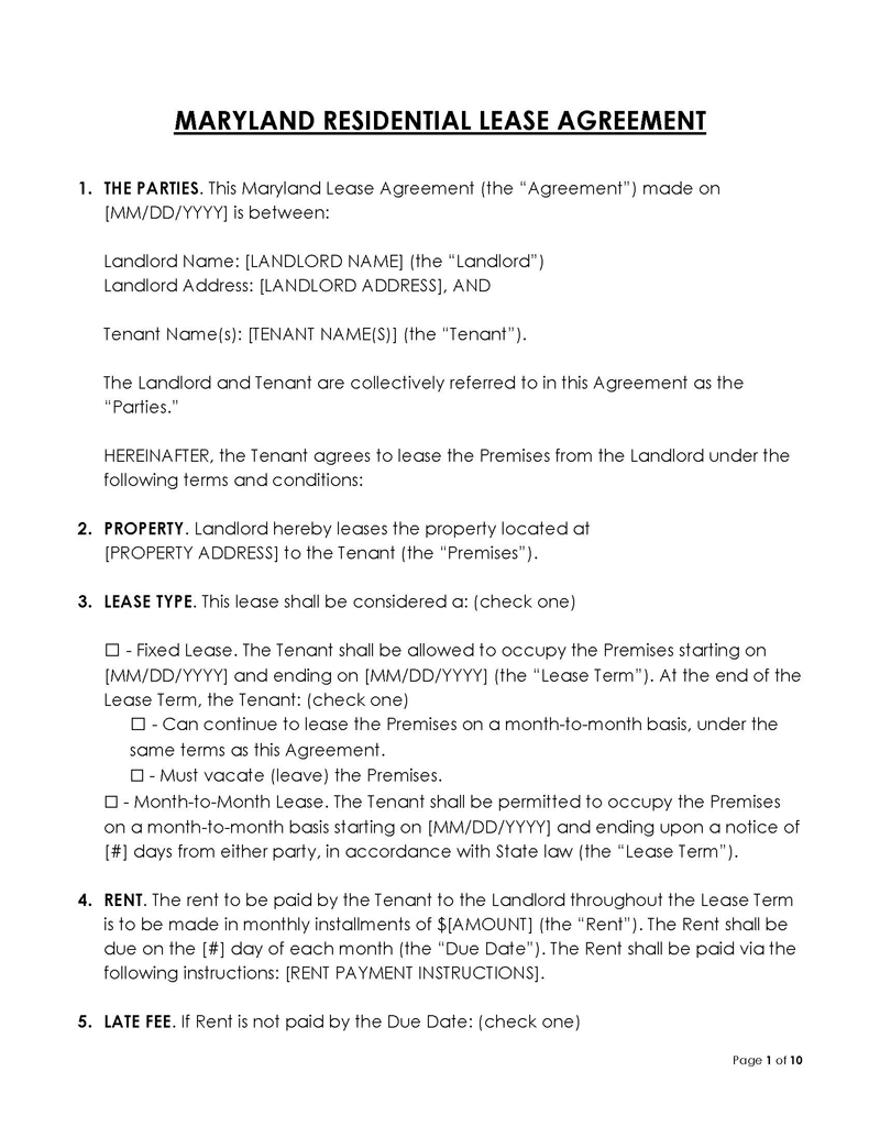 Free Maryland Lease Agreement Template for Word and PDF