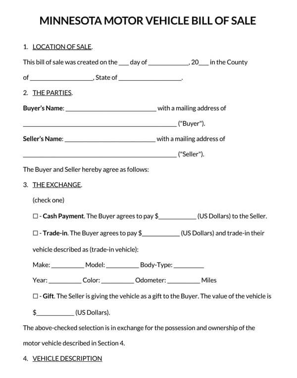 Free Minnesota Motor Vehicle Bill of Sale Form Template for Word