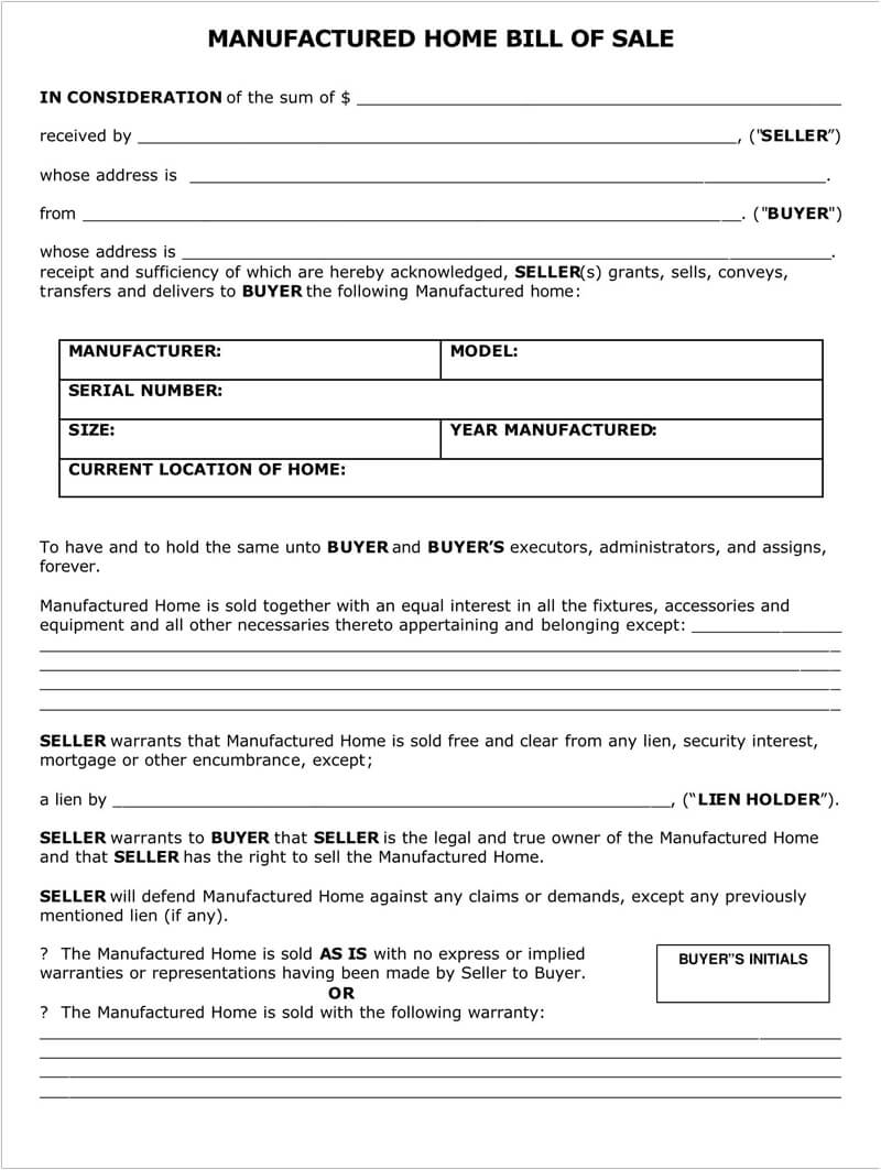 Free Mobile Home Bill of Sale Form Template for Word and PDF
