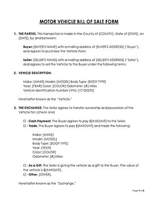 Free (Vehicle) Car Bill of Sale Form for Word and PDF