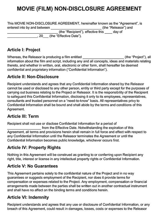 Free Film Non-Disclosure Agreement Template for Word