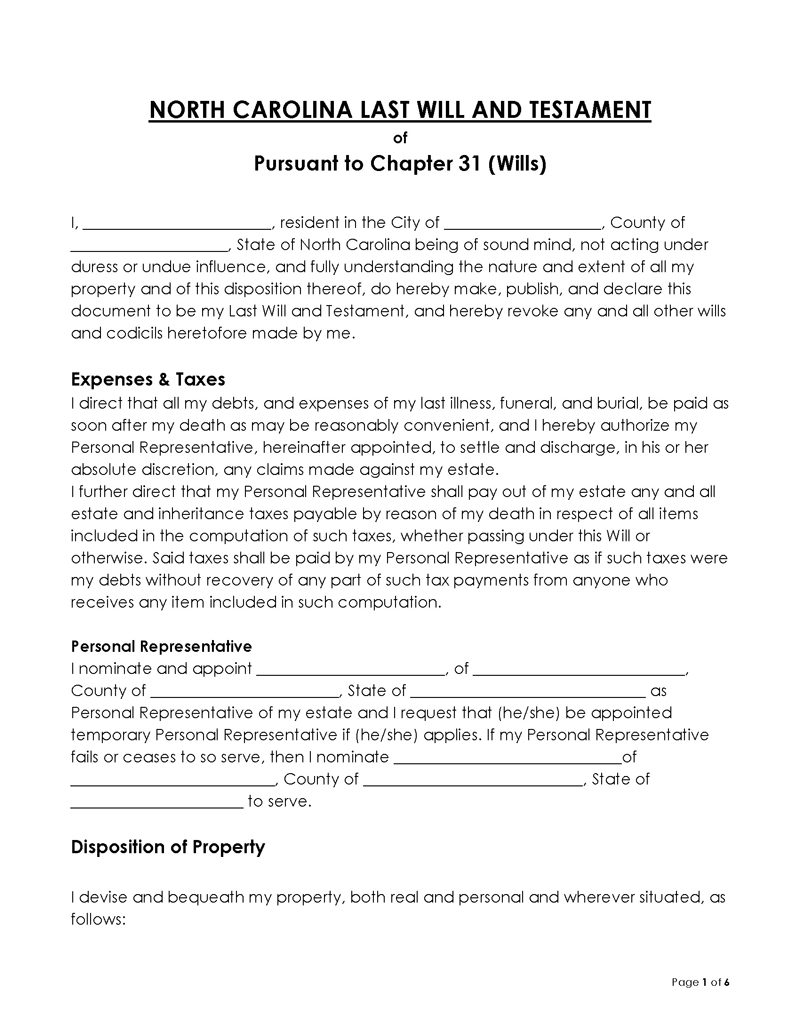 Free Last Will and Testament in North Carolina Template for Word and Excel
