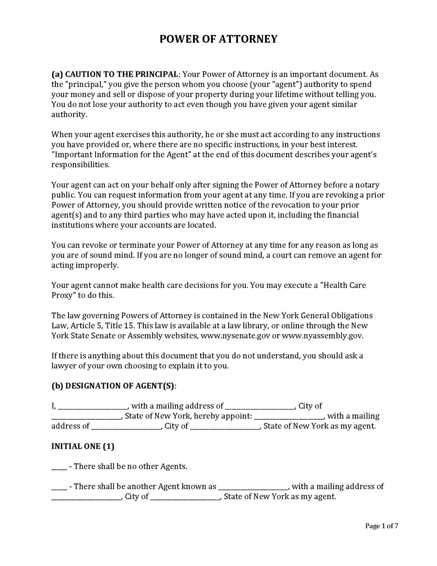 Free New York Power Of Attorney Form Teplate for PDF and Word