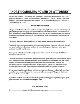 Free North Carolina Power Of Attorney Form Template for Word and PDF